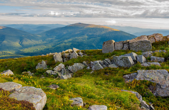 row of boulders on the hillside. lovely view from Runa mountain, Ukraine. cloudy august morning