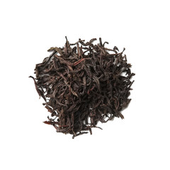Heap of dried herbal tea leaves isolated on white. Top view of tea Legends of England.