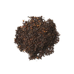 Heap of dried herbal tea leaves isolated on white. Top view of tea Asam Nachobi.