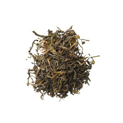 Heap of dried herbal tea leaves isolated on white. Top view of tea Snow Monkey.