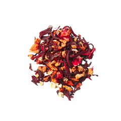 Heap of dried herbal tea leaves isolated on white. Top view of tea Strawberry Dessert.