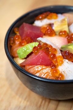 Salmon and ikura don, close up, seafood bowl Hokkaido Sapporo