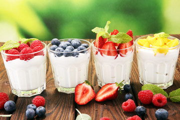 Yogurt and berry. Fresh fruit yogurt with fresh berries and peaches