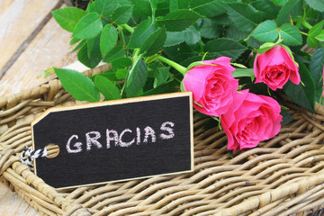 Gracias (thank you in Spanish) card with pink wild roses on wicker tray
