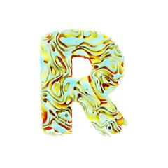 Alphabet letter R uppercase. Liquid dynamic font made of orange, blue and yellow ink in water. 3D render isolated on white background.