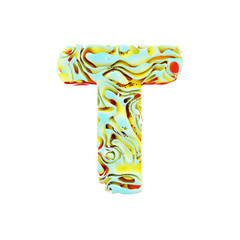 Alphabet letter T uppercase. Liquid dynamic font made of orange, blue and yellow ink in water. 3D render isolated on white background.