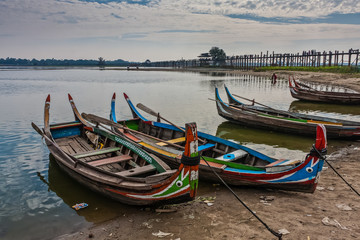 Fish and tourist boats on Taung Tha Man Lake, Amarapura, Myanmar