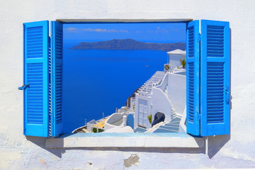 Sea view through traditional greek window in Santorini island - obrazy, fototapety, plakaty