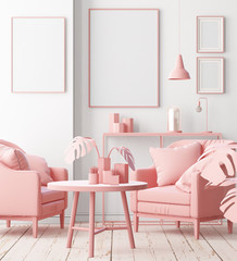 Mockup posters in the interior of the living room with a chair in pink. 3D rendering
