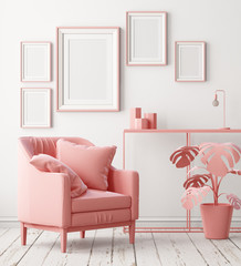 Mockup posters in the interior of the living room with a chair in pink. 3D rendering