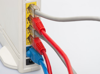 Network cables connected to the router. Network Communications