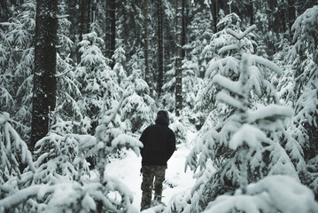 Fototapeta na wymiar Person bei Schneewanderung im Wald