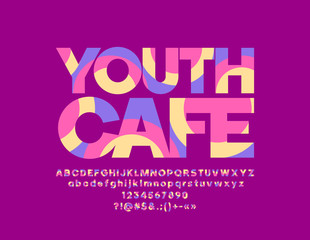 Vector colorful sign Youth Cafe. Graphic Style Font. Bright abstract pattern Alphabet Letters, Numbers and Symbols