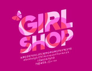 Vector pink Girl Shop logo. Graphic Style Font. Colorful pattern Alphabet Letters, Numbers and Symbols