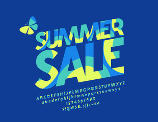 Obraz premium Vector colorful Summer Sale logo. Graphic Style Font. Yellow and blue Alphabet Letters, Numbers and Symbols