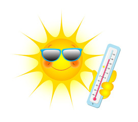 Sonne mit Sonnenbrille und Thermometer in der Hand, 
Vektor Illustration isoliert auf weißem Hintergrund