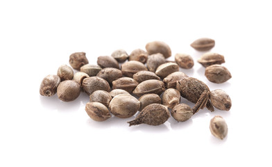 Heap of hemp seeds on white background