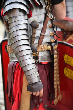 Reenactment detail with roman soldiers uniforms