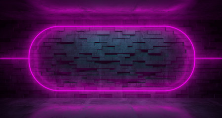 Futuristic Sci-Fi Room With purple Neon Lights And Brick Wall With Empty Space And Reflections. 3D Rendering
