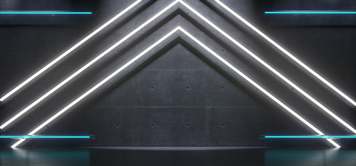 Sci-FI Futuristic Arrow Shaped Neon Lights In Empty Concrete Room. 3D Rendering