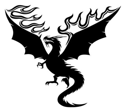 Black dragon with fiery wings on white background.