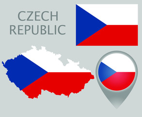 Colorful flag, map pointer and map of Czech Republic in the colors of the Czech flag. High detail. Vector illustration