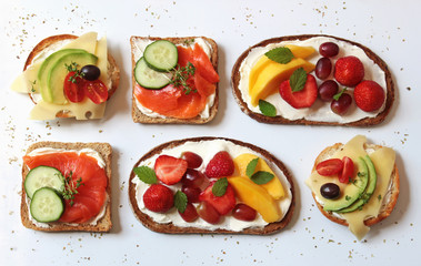 open sandwiches with various healthy toppings