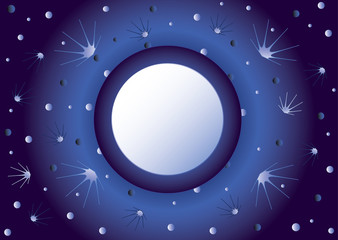 Blue night background with the sky, the stars and the empty frame in the shape of a blue moon for text, vector.