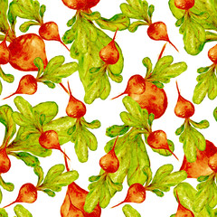 Watercolor Vegan Pattern. Seamless Hand Drawn  Vegetables. Healthy Food Print. Gardening Background. Greenery Repeatable Design for Menu, Restaurant, Salat Bar, Farmers Market. Beetroot. Vegetarian.