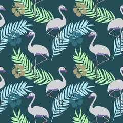 ABSTRACT TROPICAL LEAF AND FLAMINGO. HAND DRAW COMPOSITION OF SUMMER FEELING SEAMLESS VECTOR PATTERN.