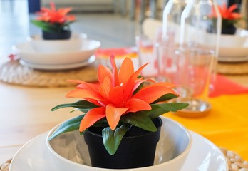 Artificial Plant with Orange Flower in Plastic Pot
