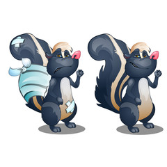 Healthy and diseased cute skunk isolated on white background. Vector cartoon close-up illustration.