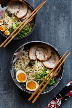 Japanese ramen soup with pork, egg and chives