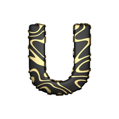 Alphabet letter U uppercase. Black carbonic font with yellow golden stains. 3D render isolated on white background.