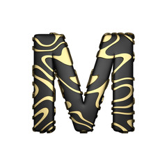 Alphabet letter M uppercase. Black carbonic font with yellow golden stains. 3D render isolated on white background.