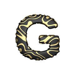 Alphabet letter G uppercase. Black carbonic font with yellow golden stains. 3D render isolated on white background.