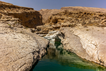 Fototapeta na wymiar A stream of water in the rocky desert of Oman flowing in a canyon to the oasis of Wadi Bani Khalid - 1