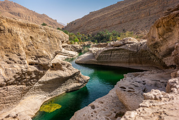 the refreshing cold water of the oasis of Wadi Bani Khalid in Oman - obrazy, fototapety, plakaty