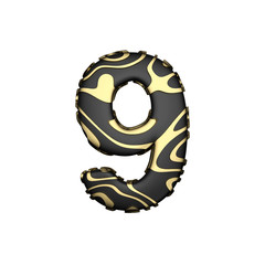 Alphabet number 9. Black carbonic font with yellow golden stains. 3D render isolated on white background.