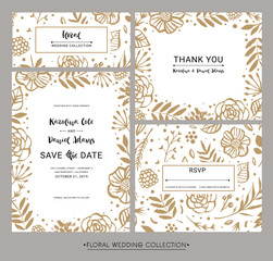 Collection of modern design wedding invitation cards. Save the date, Thank you and RSVP. Hand drawn flowers, lettering and calligraphy elements. Vector illustration.