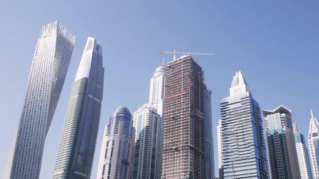 Vew of Dubai Marina with Towers and yacht club. Stock. Dubai Marina