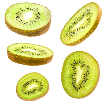 sliced kiwi fruit set isolated on white background with clipping path