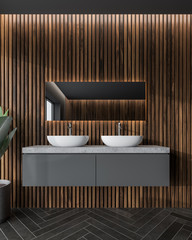 Dark wooden bathroom interior, double sink