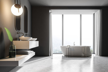 White floor bathroom interior, tub and sink
