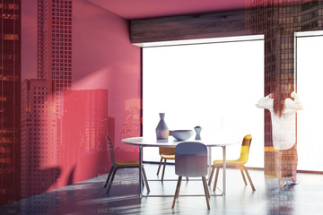 Minimalistic panoramic red dining room, woman