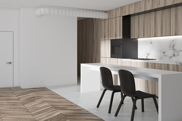 Marble and wooden kitchen, table side view