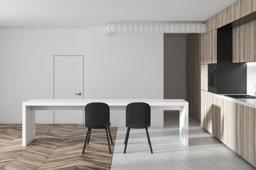 White and wooden kitchen, table