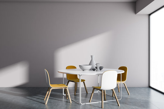 Minimalistic panoramic white dining room interior