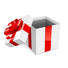 Gift box open with red ribbons