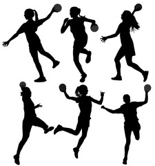 Handball player in action vector silhouette illustration isolated on white background. Woman handball player symbol. Handball girl jumping in the air. Handball (soccer) goalkeeper silhouette vector. 